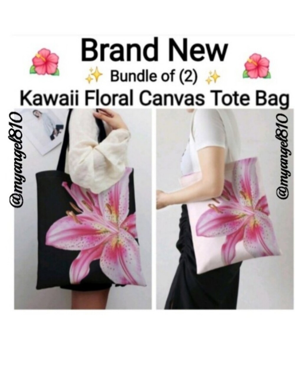 ROMWE Pink Floral Canvas Tote Bag - Pink, Black